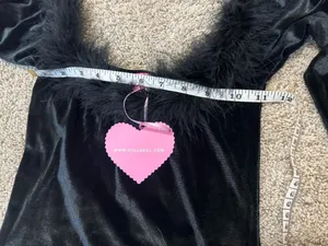 Dolls Kill Sugar Thrillz Black Velvet Feather Trim Matching Set NWT top S skirt XS thumbnail 2