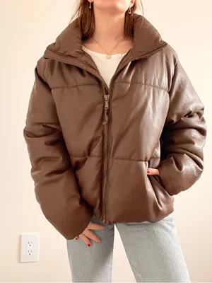 Old Navy Chocolate Brown Faux Leather Puffer Jacket thumbnail 3