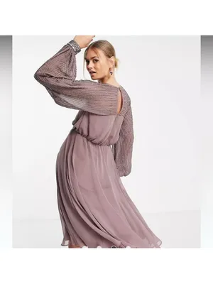 NEW ASOS DESIGN midi dress with linear yoke embellishment in mauve US 4 thumbnail 6