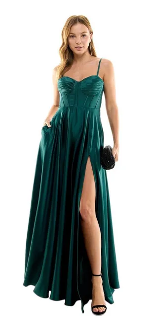 B. Darlin Hunter Emerald Green Satin Sweetheart Formal Maxi Dress with High Slit thumbnail 1