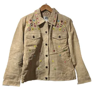 Chico’s 1 Medium Tan Suede Leather Jacket Embroidered Bling Jean Vtg cottage thumbnail 1