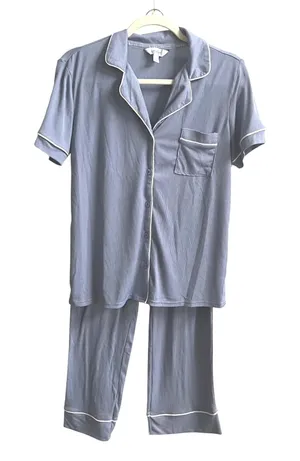 Nicole Miller Pajama Set Womens S Blue Ribbed Knit Short Sleeve Button Front thumbnail 1