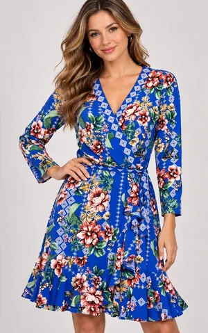 Eci New York Dress Womens Blue Midi Floral Wrap Floral Ladies size L thumbnail 1