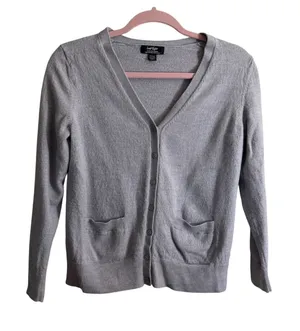 Lord & Taylor Cardigan Gray L Womens Extra Fine Merino Wool Knit V-Neck‎ thumbnail 1