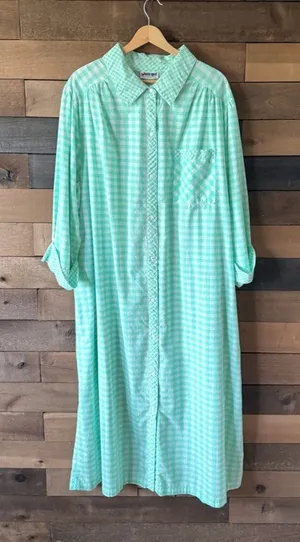 Vintage Mint Green Gingham Nightgown Button Front Midi Sleep Dress thumbnail 1