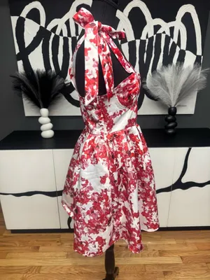 Source Unknown White Red Floral Mini Dress XS Tie Strap Sweetheart Summer Flowy Cute thumbnail 3