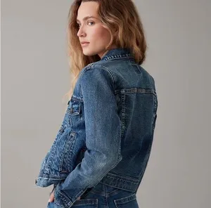 American Eagle Jean Trucker Jacket Distressed Waist Length Blue Denim Women’s M thumbnail 3