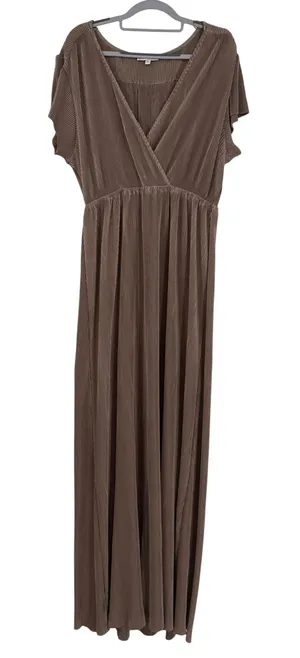 Baltic Born Pleated‎ Athena Maxi Dress XL Taupe Brown Flutter Sleeve Surplice thumbnail 1
