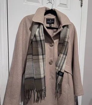 London Fog Beige Oatmeal Heather Wool Blend Peacoat w Plaid Scarf Size L NWT thumbnail 1
