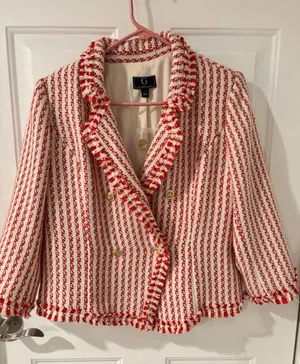 G by Giuliana Red White Striped Tweed Fringe‎ Double Breasted Blazer Large thumbnail 1