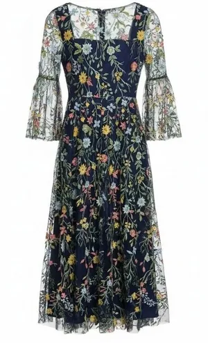 Floral Embroidered Mesh Midi Dress Sz 6 Bell Sleeve Cottagecore Navy thumbnail 1
