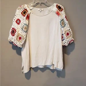 Umgee Boho Crochet Sleeve Top - Cream thumbnail 3