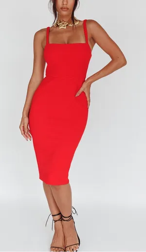 Selfie Leslie Georgia Square Neckline Midi Dress Red Small S NWT thumbnail 1