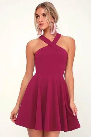 Lulu's The Way You Look Tonight Magenta Halter Skater Dress Size XS thumbnail 1