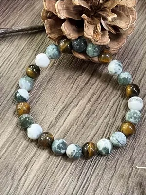 Tiger Eye & Tree Agate Beaded Stretch Bracelet - Green, Brown, White 8mm thumbnail 2