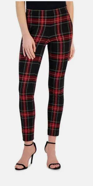 Anne Klein Red and Navy Plaid pull on pants Stretchy thumbnail 1