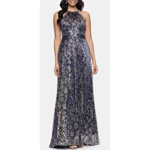 Betsy‎ And Adam Metallic Floral Jacquard Dress Size 2 Slit Halter thumbnail 2