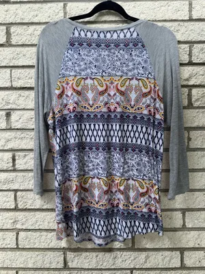 Cato Grey Raglan Mixed-Print Long Sleeve Top with Navy and Yellow Accents thumbnail 6