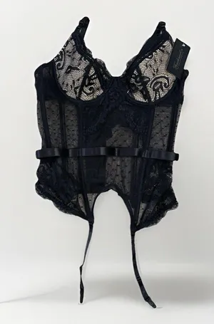 Fredericks Of Hollywood Corset Womens Size Large Black Lace Set NEW Lingerie thumbnail 1