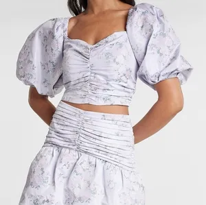 Express Purple Floral Puff Sleeve Ruched Front Chic Blouse Crop Top Size Medium thumbnail 1