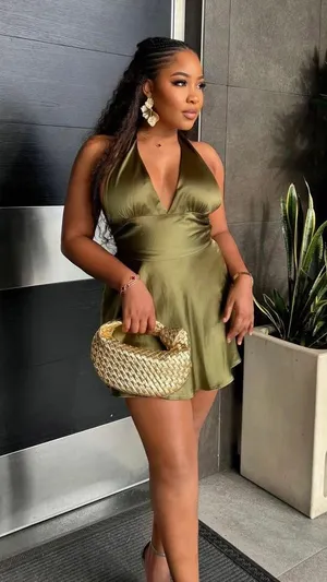 Zara dress halter open back tie bow Elegant Olive Green Satin wedding party thumbnail 7