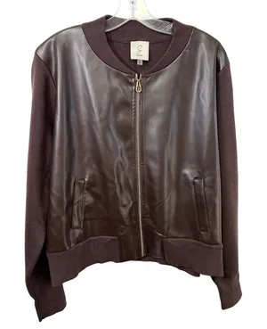 Sioni Bomber‎ Jacket Womens XL Brown Faux Leather Knit Classic Chic Edgy 1502 thumbnail 1