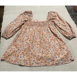 J.CREW Floral Square Neck Puff Long Sleeve Smocked Mini Dress 100% Cotton L thumbnail 2