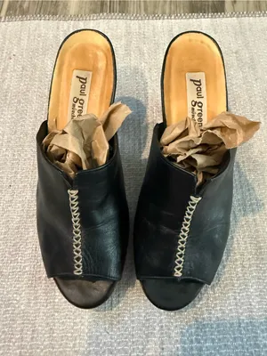Paul Green Munich Black Leather Mule Heels Wood Heel EUC Minimalist Luxe 90s 5 thumbnail 3