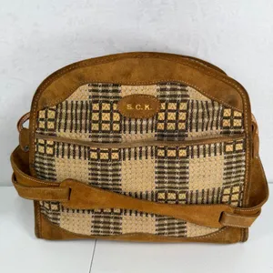 Vintage Brown Suede Tapestry Travel Bag Geometric 70s Boho Weekender Talon Zip thumbnail 2