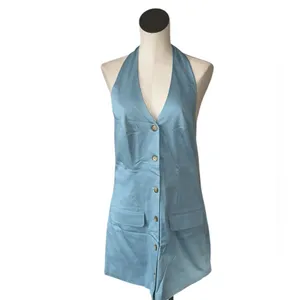NWOT Abercrombie & Fitch Blue Button Mara Halter Vest Backless Mini Dress M thumbnail 4