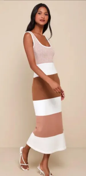 Lulus Easily Gorgeous Ivory and Brown Striped Midi Sweater Dress thumbnail 1