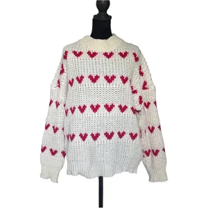 Womens Cream Red Heart Chunky Knit Mock Neck Sweater Pullover Small 0787 thumbnail 3