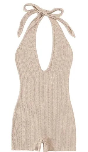 SHEIN Privé Solid Halter Neck Backless Romper in Beige, Size S​​​​​​​ thumbnail 1