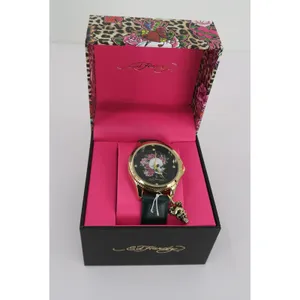 Ed Hardy Women Watch Gold Tone Skull Roses Black Strap Tattoo Art New In‎ Box thumbnail 4