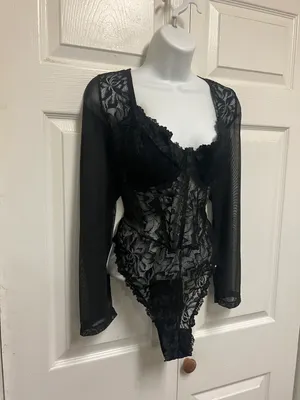 UNBRANDED Black Lace Bustier Sheer Mesh Sweetheart Neck Bodysuit thumbnail 7