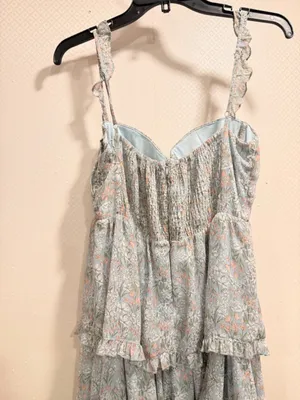 ASTR Pale Blue Floral Tiered Sweetheart Maxi Boho Dress Flutter Straps Size S thumbnail 4