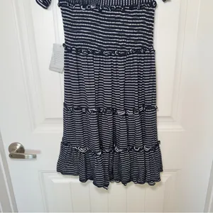 Max Studio Small Navy Jersey Smocked Waist Tiered Stripe‎ Dress Cottagecore thumbnail 8