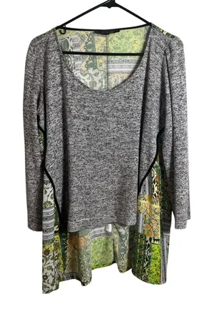 Poeme by‎ Citron XL Mixed Media Patchwork Tunic Top Gray Green High Low USA thumbnail 1