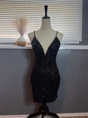 Lovesome Black Sequin Lace Up Open Back Bodycon Mini Dress Size M thumbnail 3