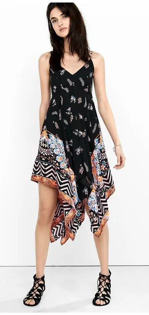 Express Small Black Asymmetrical Spaghetti-Strap Dress Floral Smocked Swing thumbnail 1