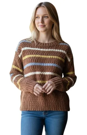 Adora Sweater M Brown with multicolor stripes Preppy‎ Autumn Cozy Earthy Classic thumbnail 1