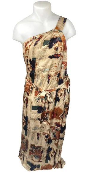 NEW Rebdolls Kiera Multicolor Satin Abstract One Shoulder Maxi Shift Dress 14/16 thumbnail 1