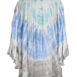 Surf Gypsy Tie-Dye Aquamarine, Blue, White and Gray Boho Whimsy Flowy Blouse thumbnail 7