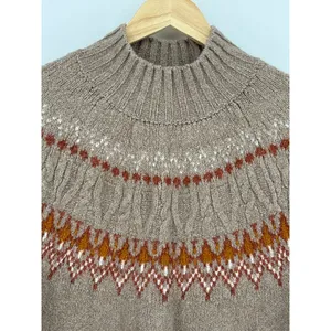 Artelier Nicole Miller Fair Isle Mock Neck Sweater Medium Brown Nordic Yoke Knit thumbnail 4