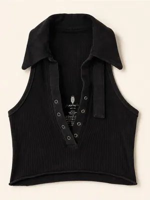 Black Ribbed Sleeveless Polo Crop Top - Women free people thumbnail 1