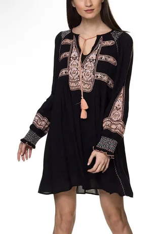 Free People Wind Willow Bohemian Peasant Mini Dress Size Large Navy Embroidered thumbnail 1