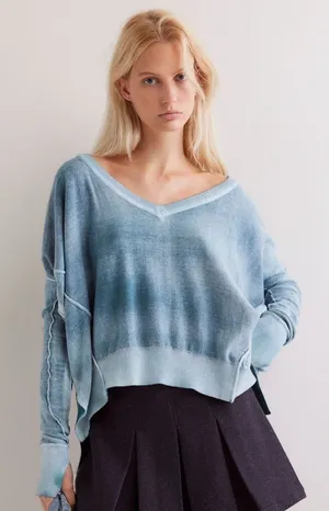 NWT we the free Free People Gibson V Neck pullover Rainforest blue green Large thumbnail 1