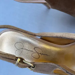 Jessica Simpson Nude Elso Dusty Taupe Open Toe Leather Suede T-Strap Heels thumbnail 6