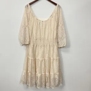 Allison Britney Beige Cream Lace Tiered Lined‎ Midi Dress Sz L Boho Off Shoulder thumbnail 6