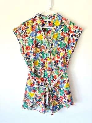 Karlie Mutli Floral Colorful Tropical Cotton Mini Dress Short Sleeve Faux Wrap thumbnail 1